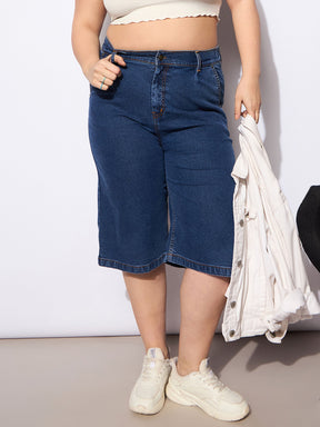 Navy Denim Bermuda Shorts-SASSAFRAS Curve