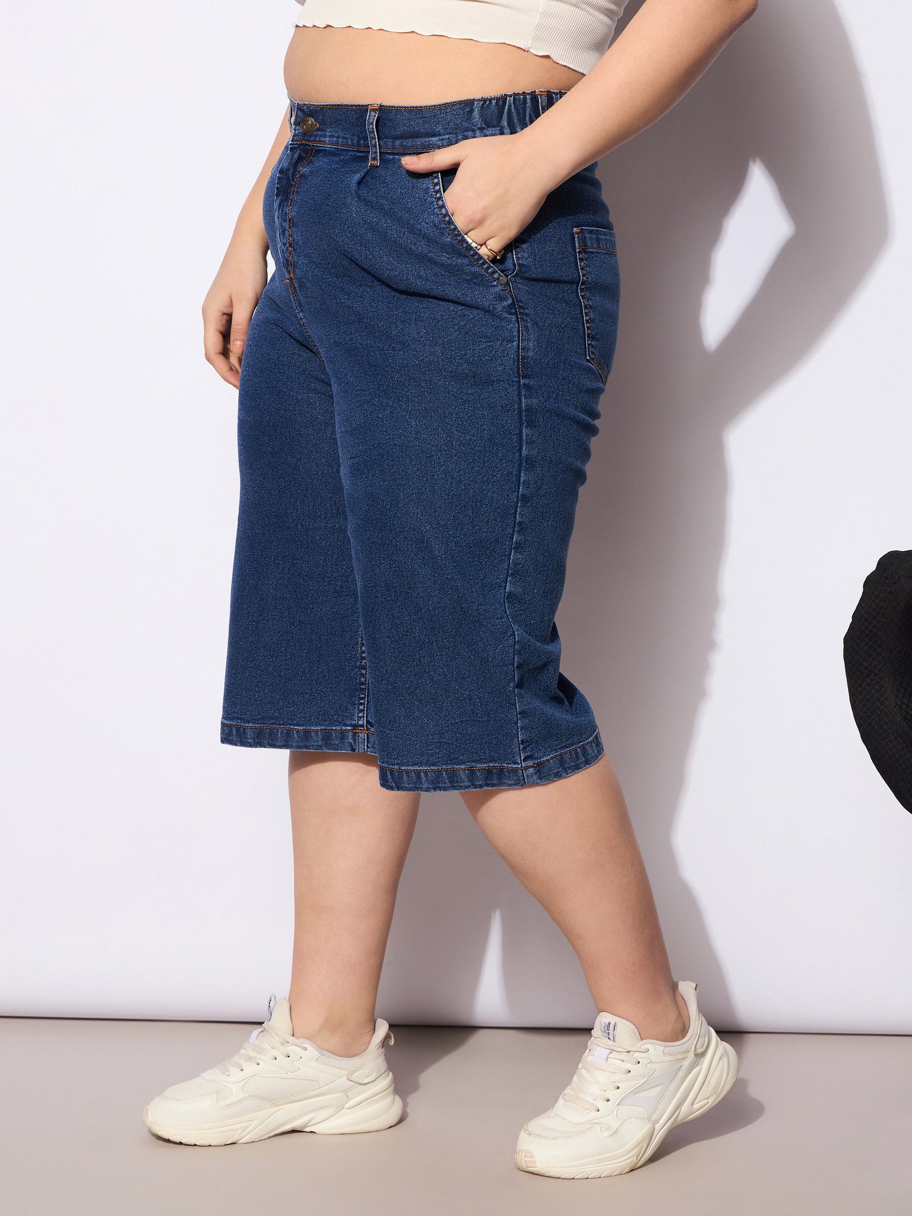 Navy Denim Bermuda Shorts-SASSAFRAS Curve