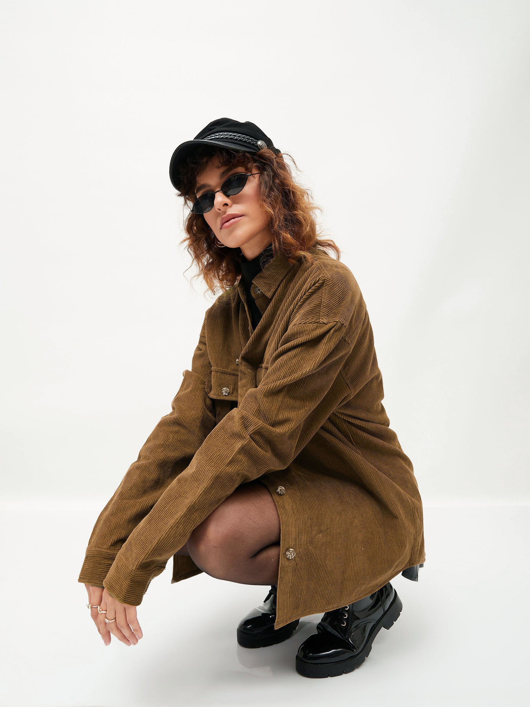 Women Brown Corduroy Oversized Shirt