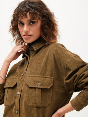 Women Brown Corduroy Oversized Shirt