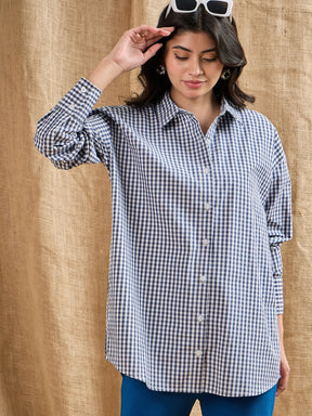 Navy & White Yarn Dyed Check Oversized Shirt-SASSAFRAS