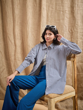 Navy & White Yarn Dyed Check Oversized Shirt-SASSAFRAS