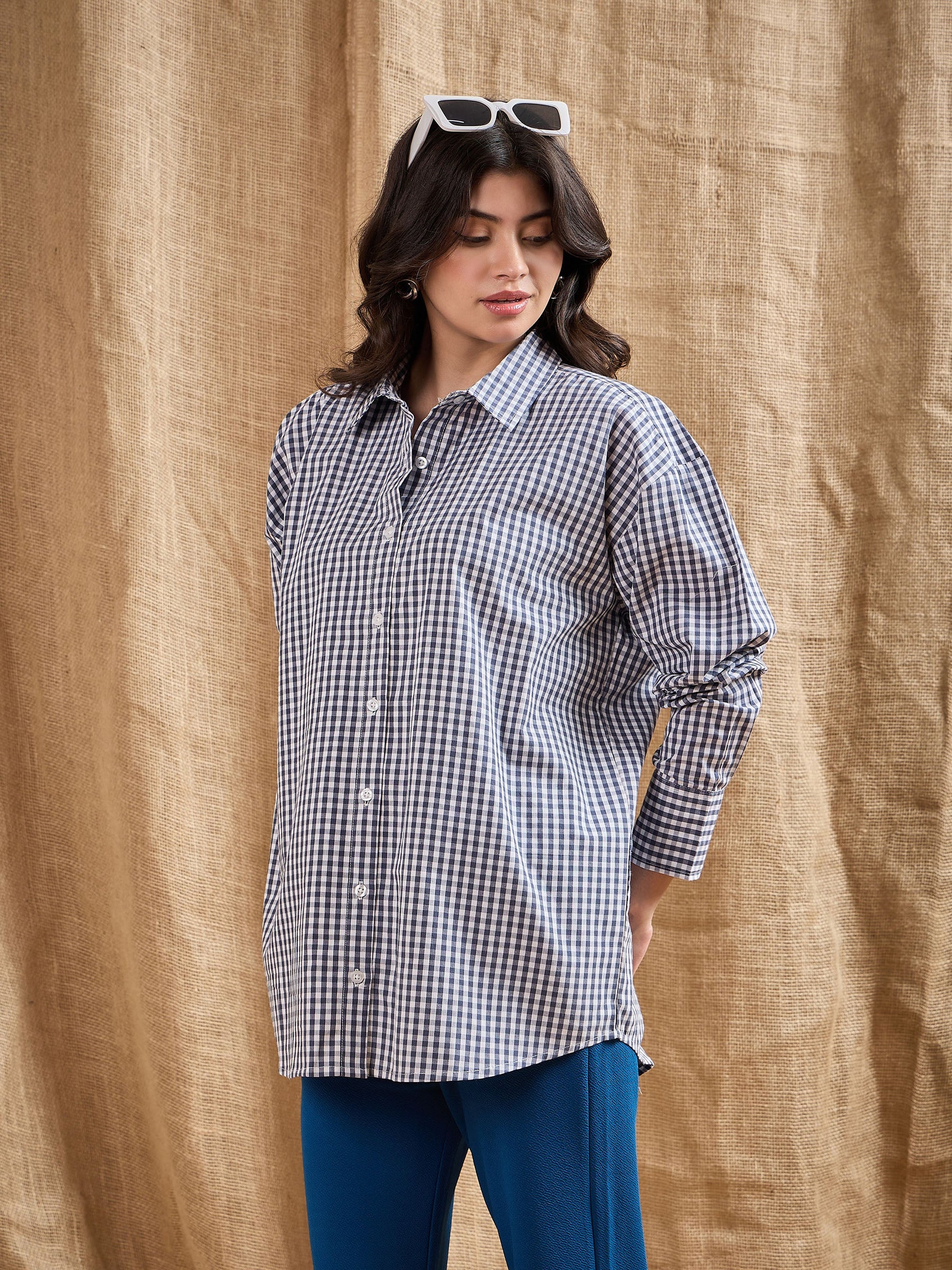 Navy & White Yarn Dyed Check Oversized Shirt-SASSAFRAS