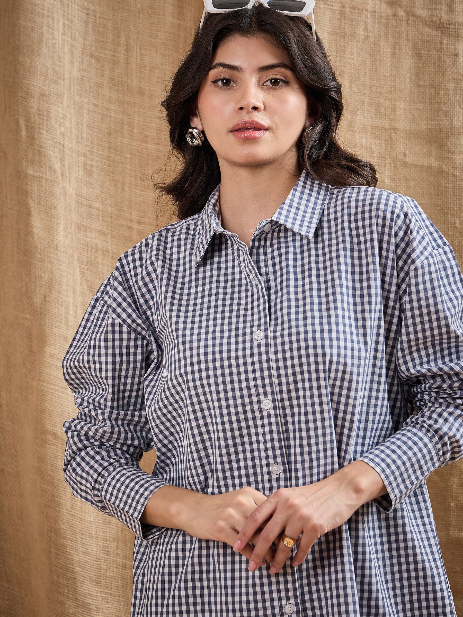 Navy & White Yarn Dyed Check Oversized Shirt-SASSAFRAS