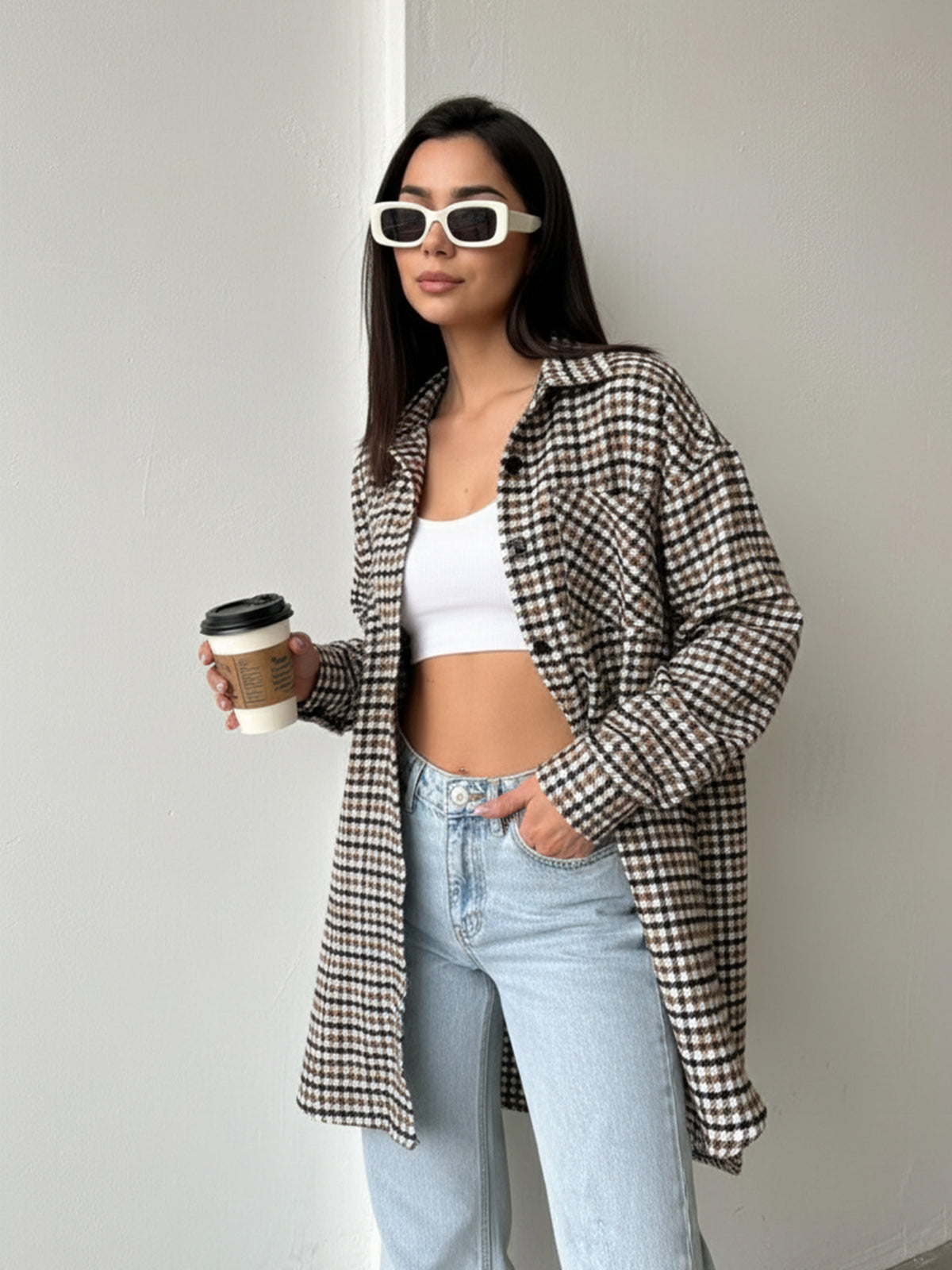 Women Brown Flannel Check Oversized Shirt