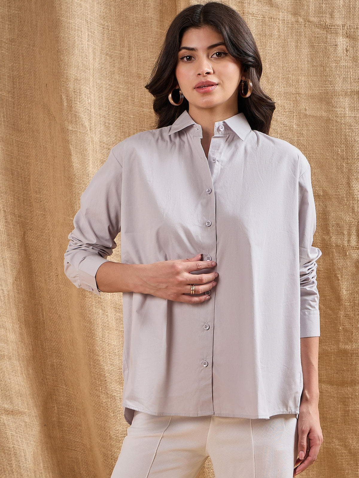 Grey Cotton Poplin Back Placket Shirt-SASSAFRAS