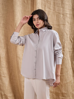 Grey Cotton Poplin Back Placket Shirt-SASSAFRAS