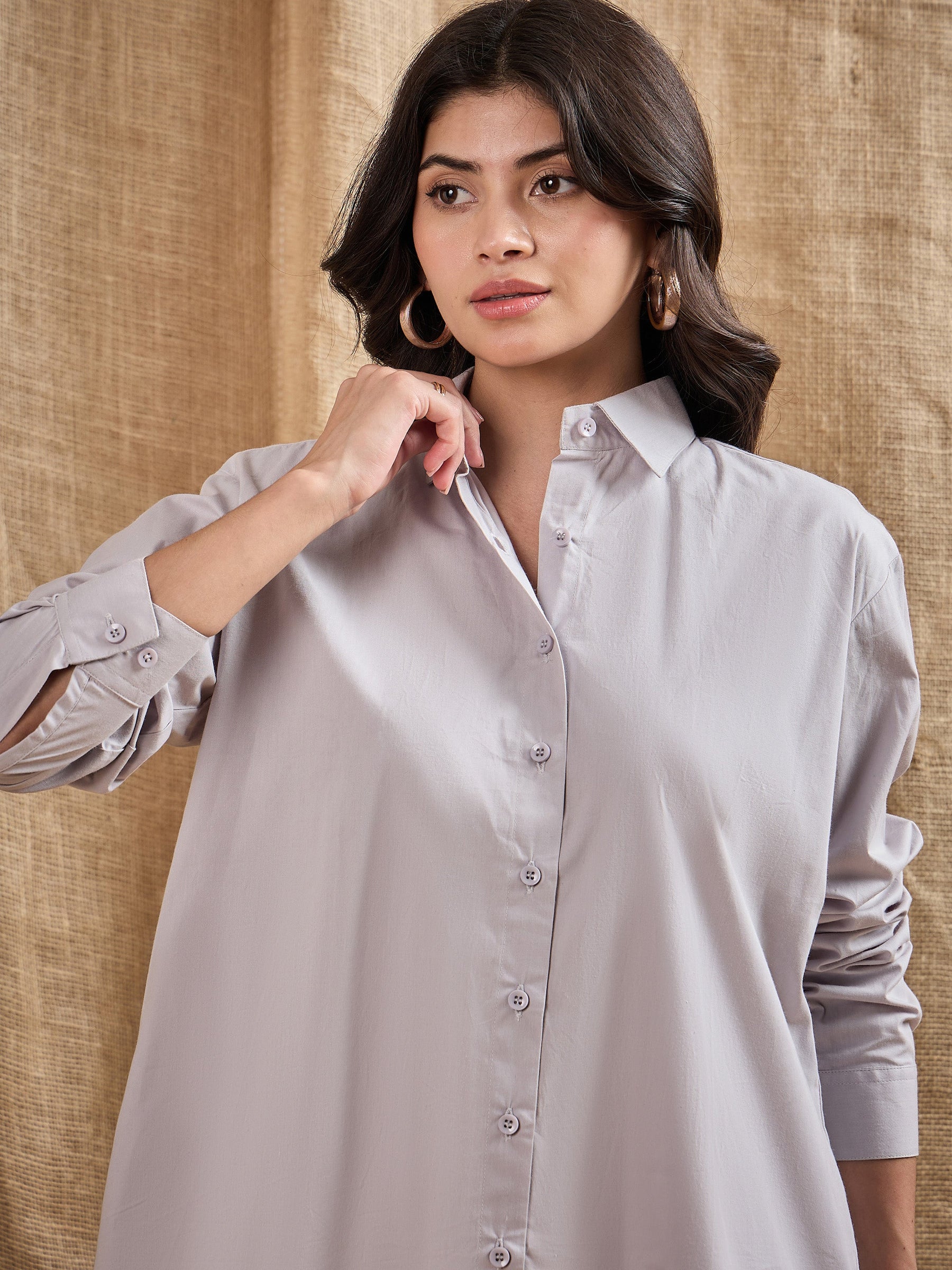 Grey Cotton Poplin Back Placket Shirt-SASSAFRAS