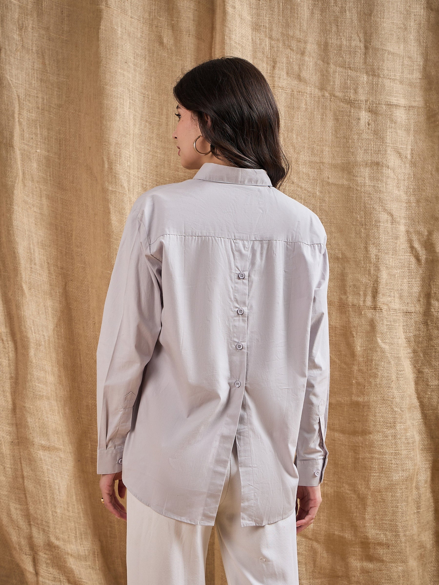 Grey Cotton Poplin Back Placket Shirt-SASSAFRAS