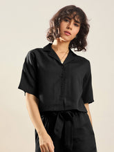 Black Tencel Notch Collar Crop Shirt-SASSAFRAS