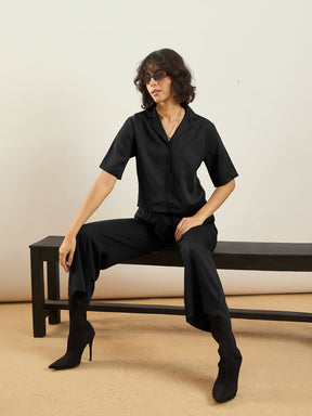 Black Tencel Notch Collar Crop Shirt-SASSAFRAS