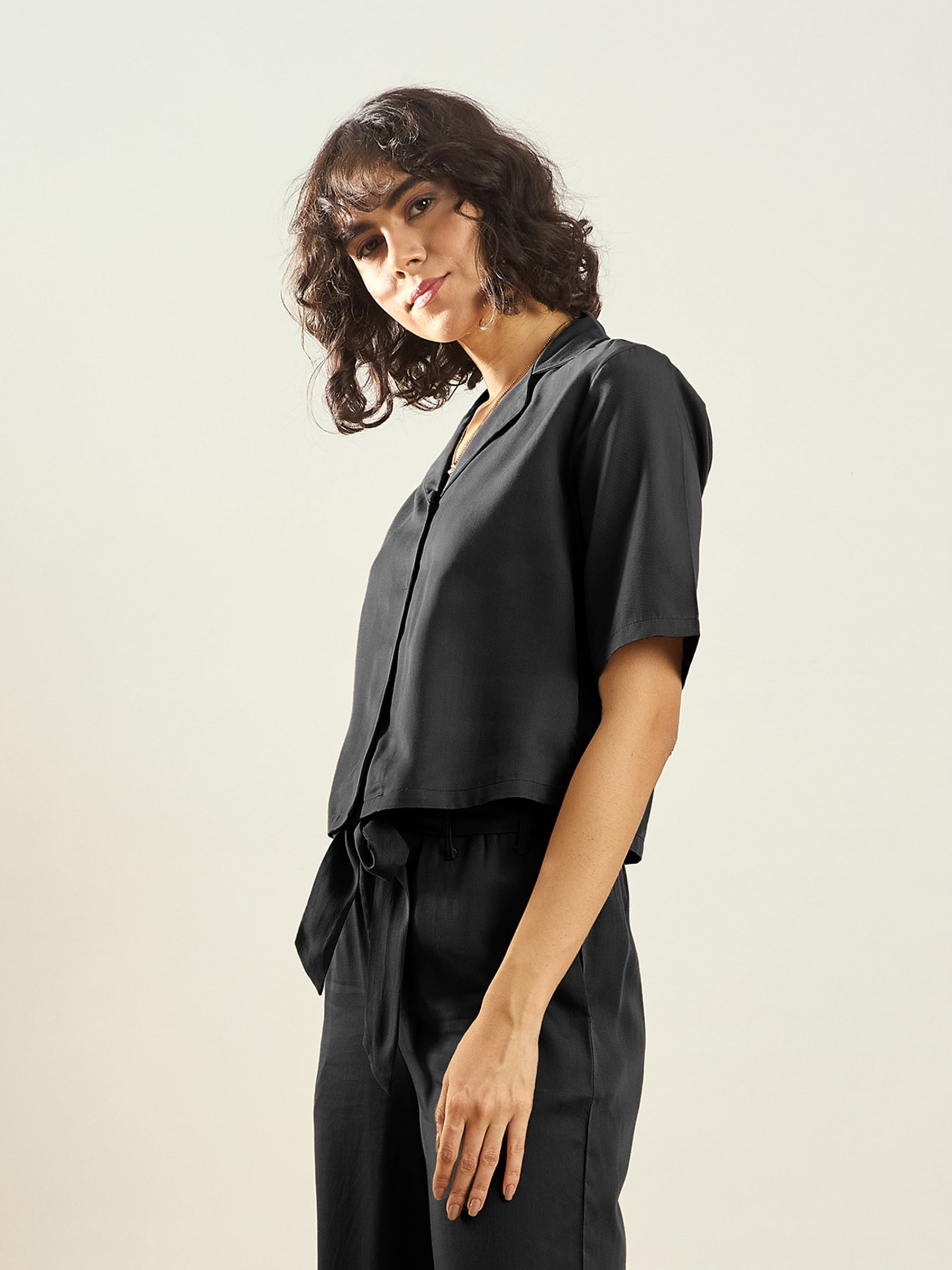 Black Tencel Notch Collar Crop Shirt-SASSAFRAS