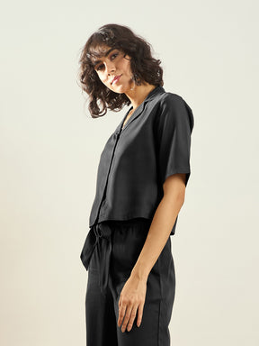 Black Tencel Notch Collar Crop Shirt-SASSAFRAS