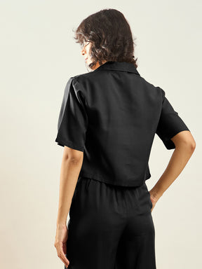 Black Tencel Notch Collar Crop Shirt-SASSAFRAS