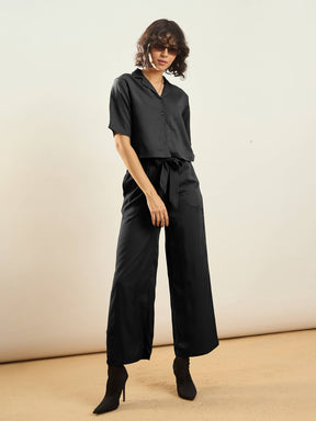 Black Tencel Notch Collar Crop Shirt-SASSAFRAS