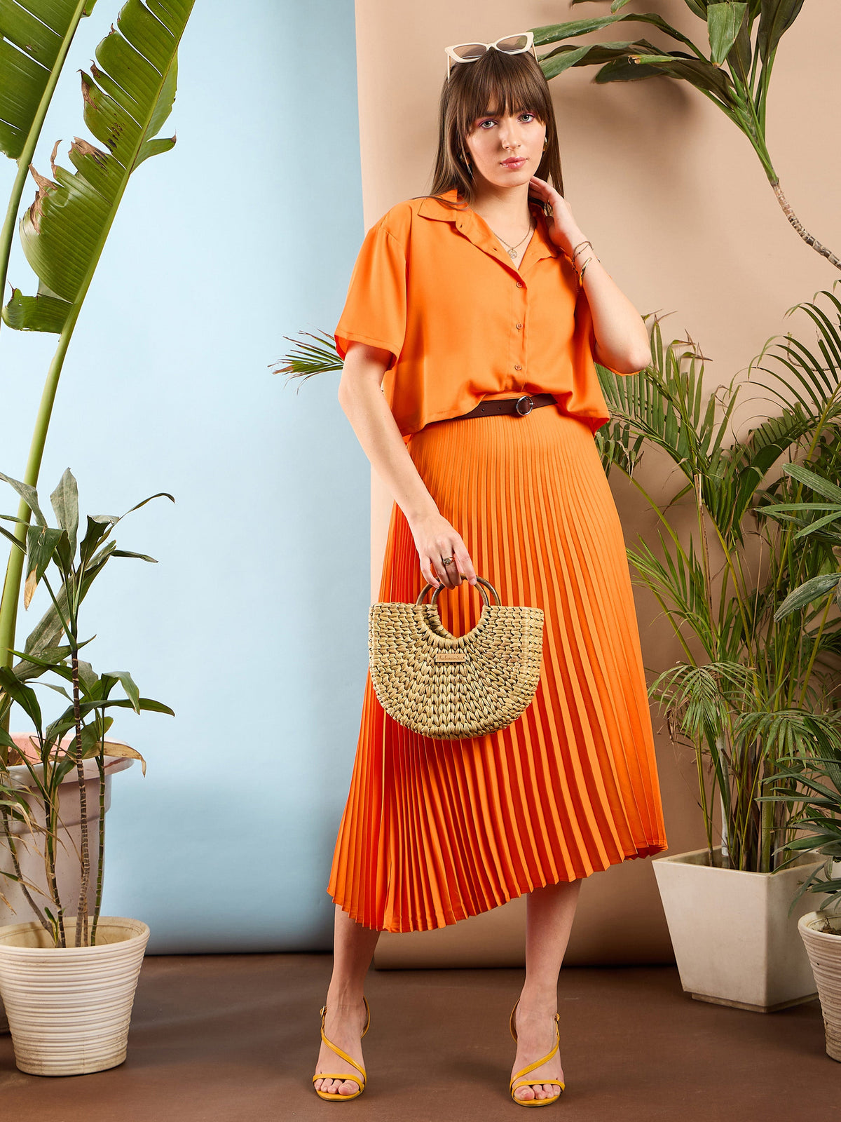 Orange Comfort Fit Crop Shirt With Skirt-SASSAFRAS