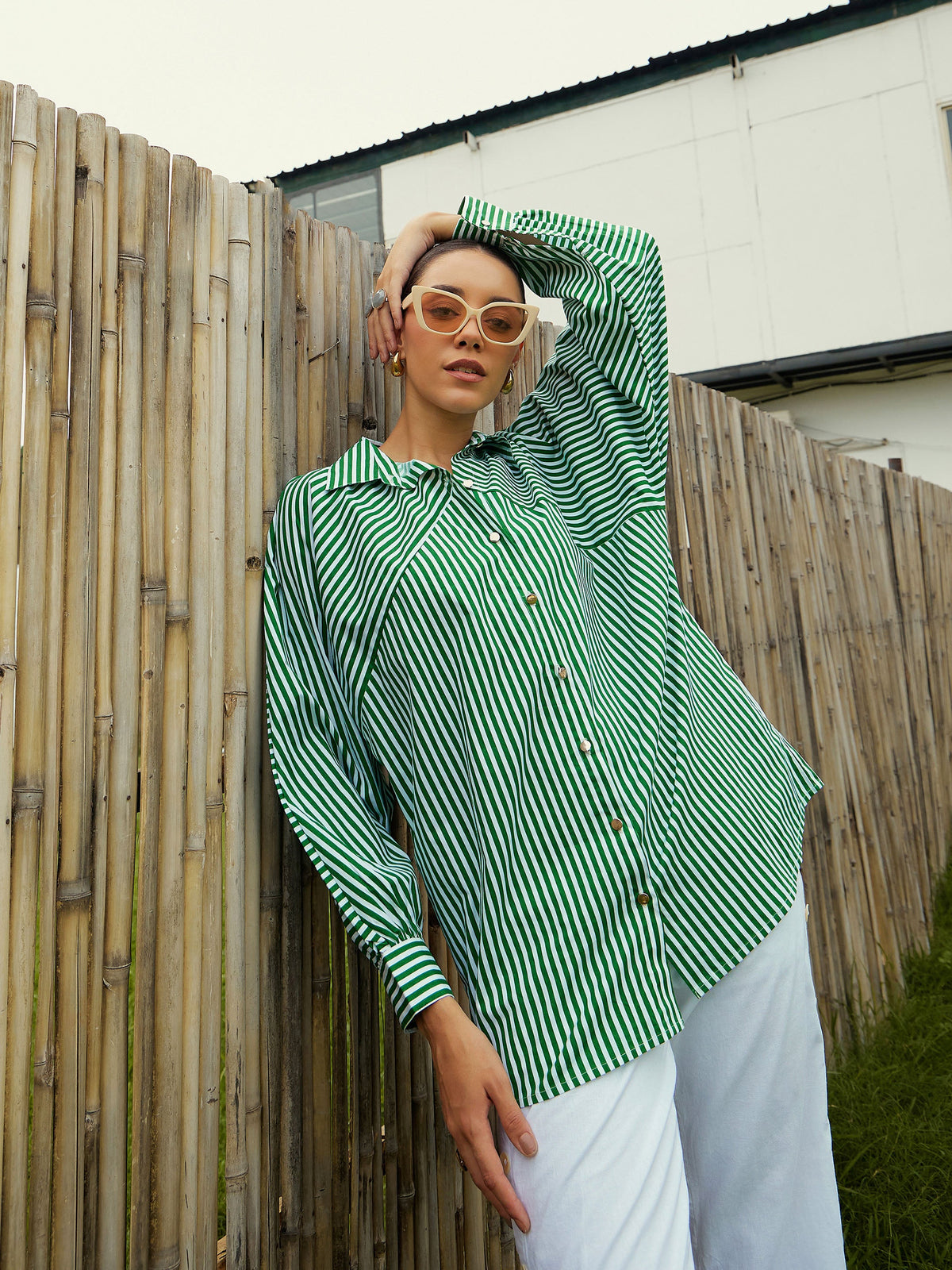 Green & White Stripe Oversized Shirt-Pink Paprika By SASSAFRAS