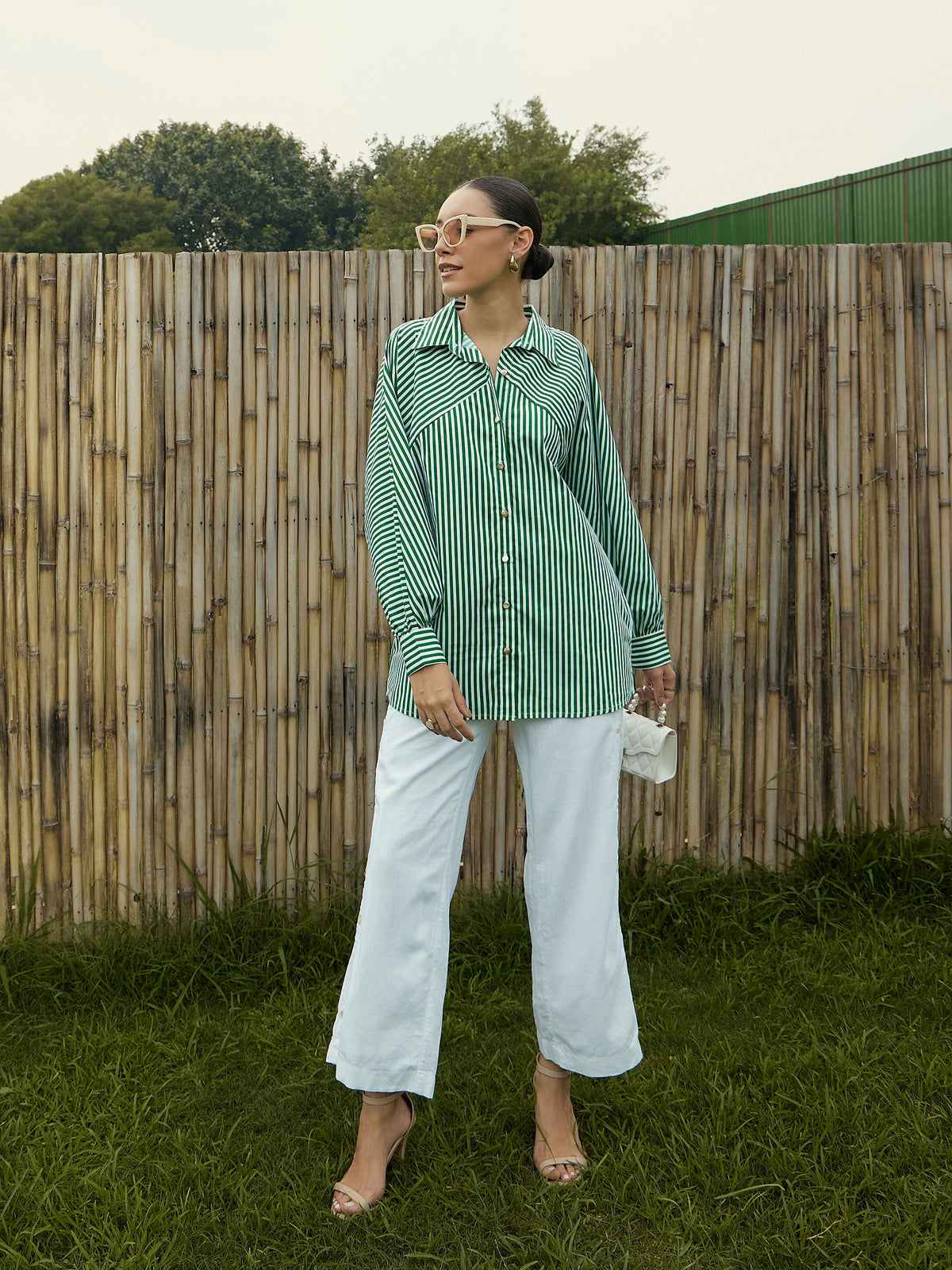 Green & White Stripe Oversized Shirt-Pink Paprika By SASSAFRAS