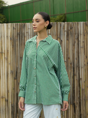 Green & White Stripe Oversized Shirt-Pink Paprika By SASSAFRAS