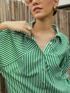 Green & White Stripe Oversized Shirt-Pink Paprika By SASSAFRAS