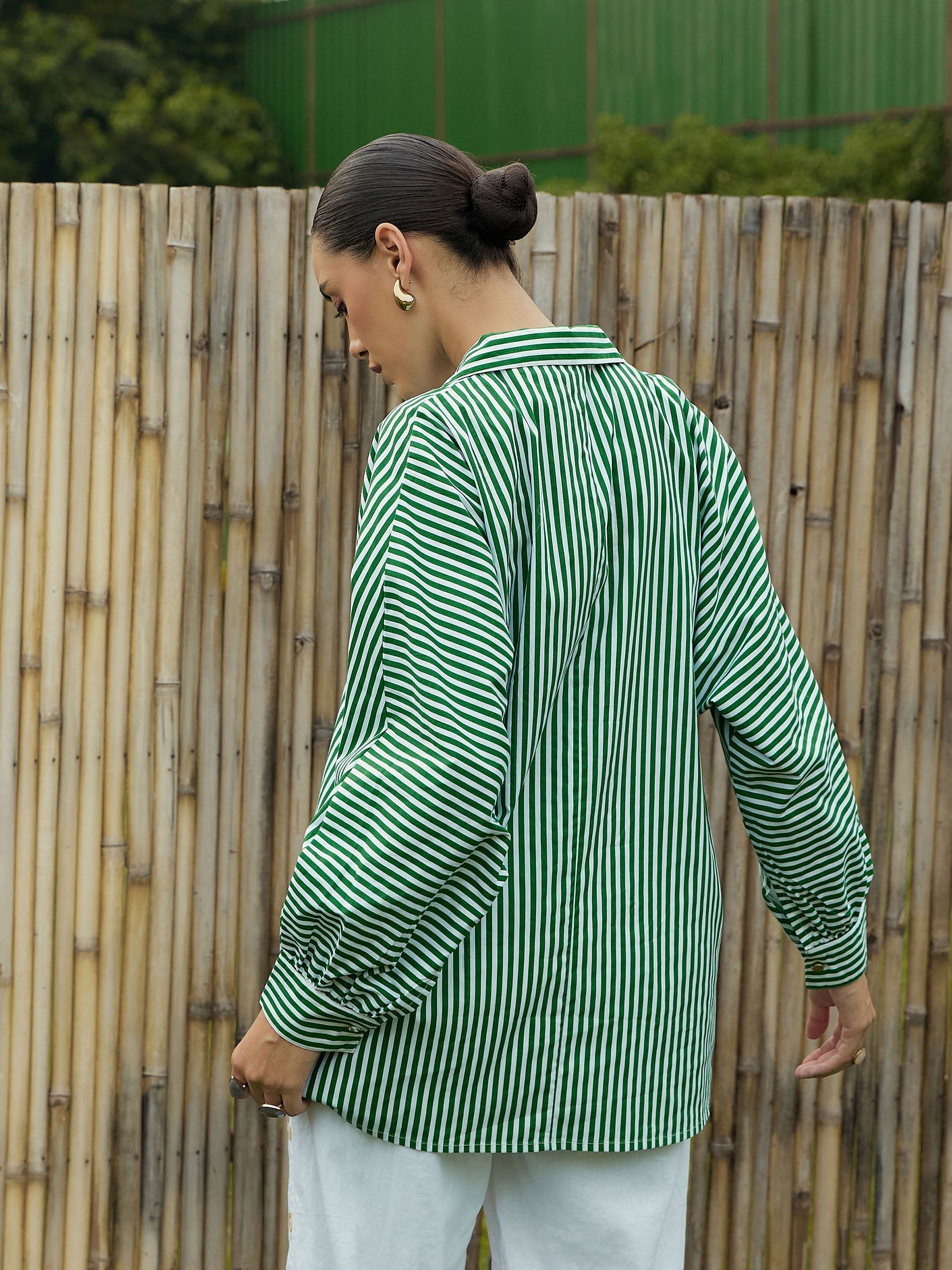 Green & White Stripe Oversized Shirt-Pink Paprika By SASSAFRAS