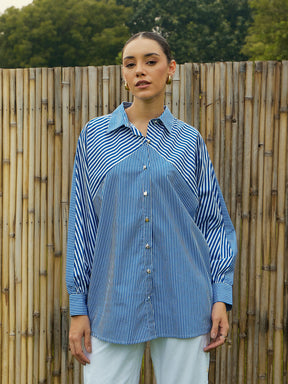 Blue & White Stripe Oversized Shirt-Pink Paprika By SASSAFRAS