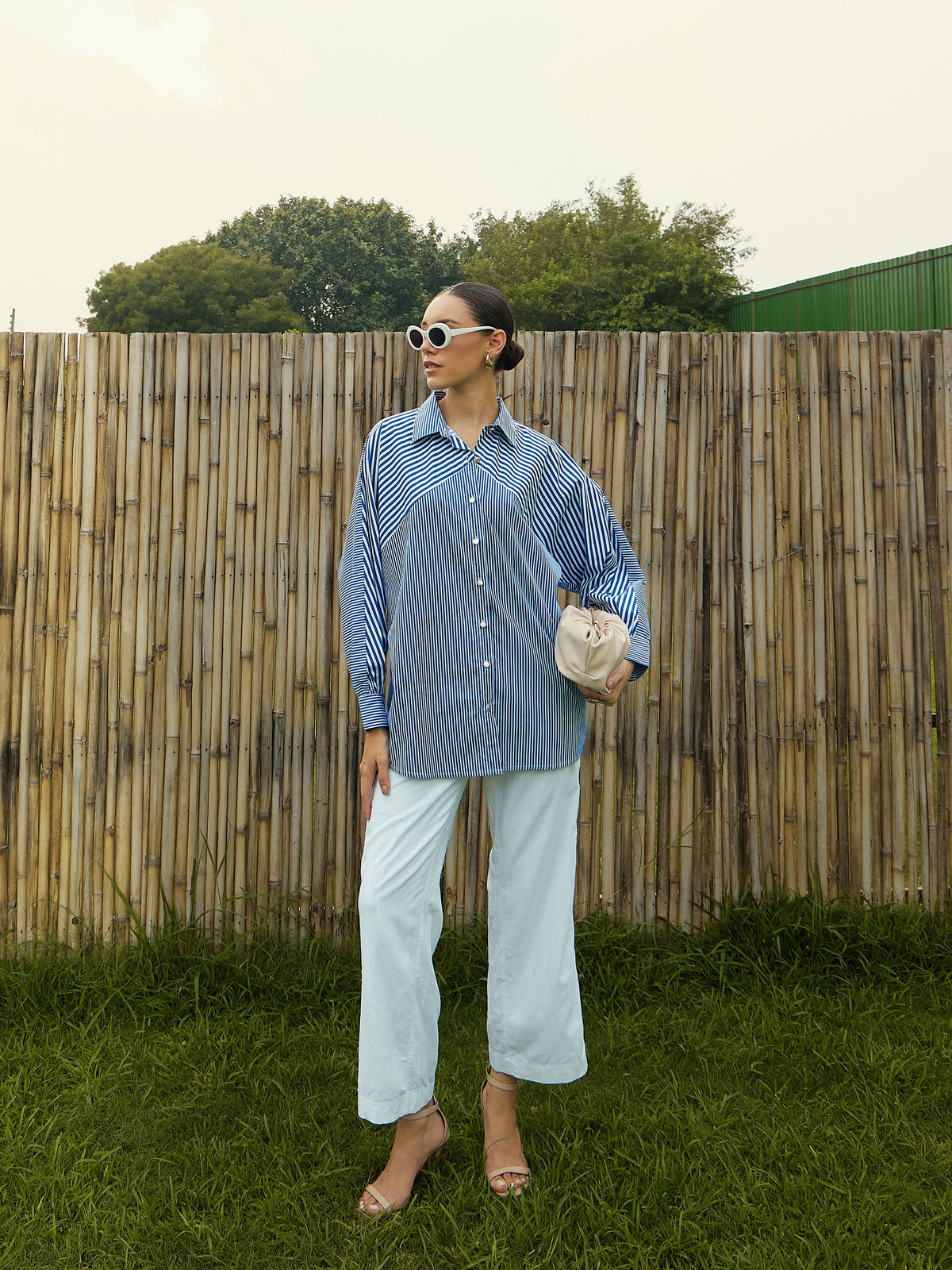 Blue & White Stripe Oversized Shirt-Pink Paprika By SASSAFRAS