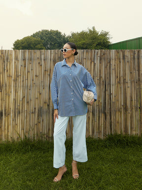 Blue & White Stripe Oversized Shirt-Pink Paprika By SASSAFRAS