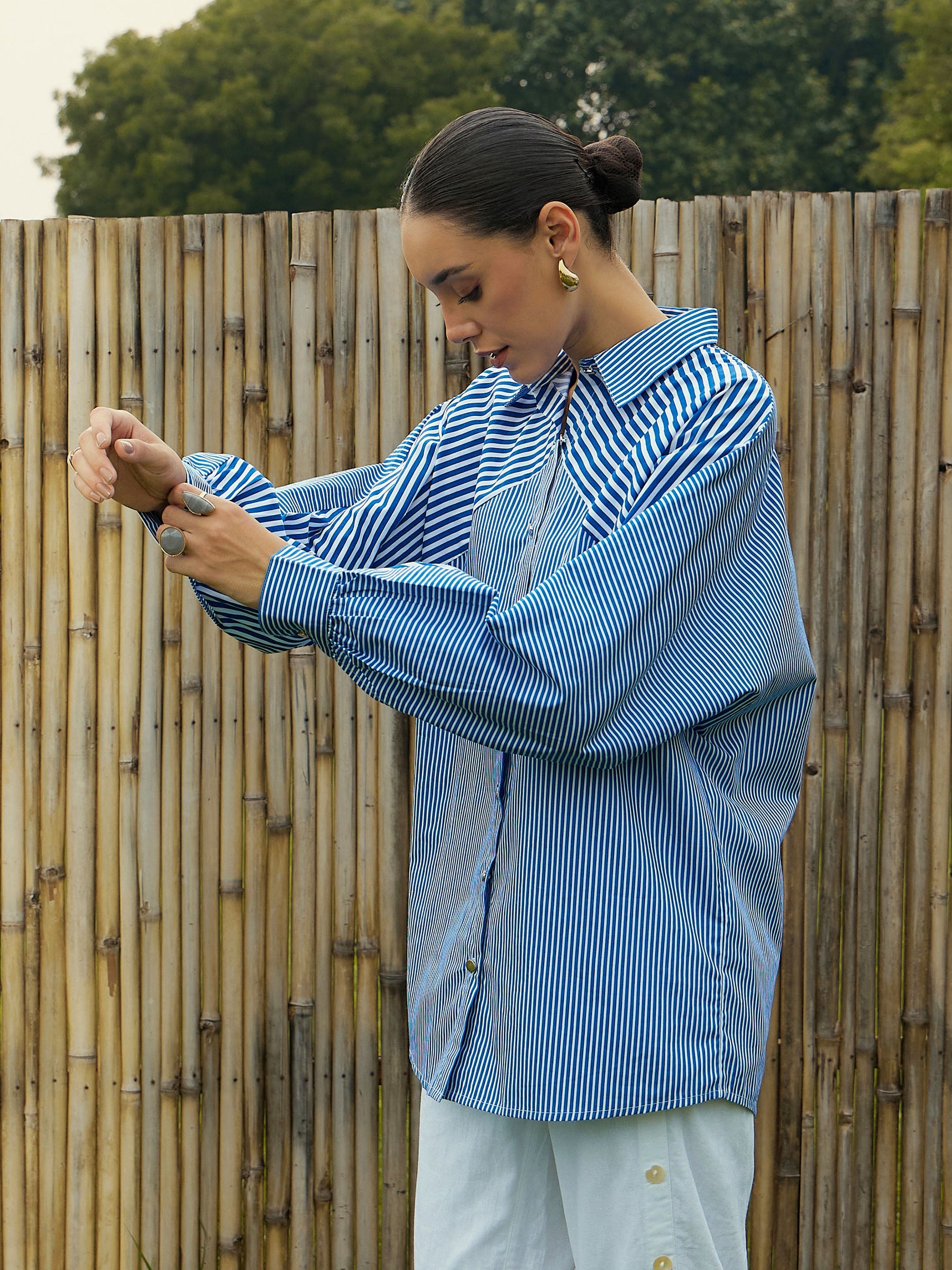 Blue & White Stripe Oversized Shirt-Pink Paprika By SASSAFRAS