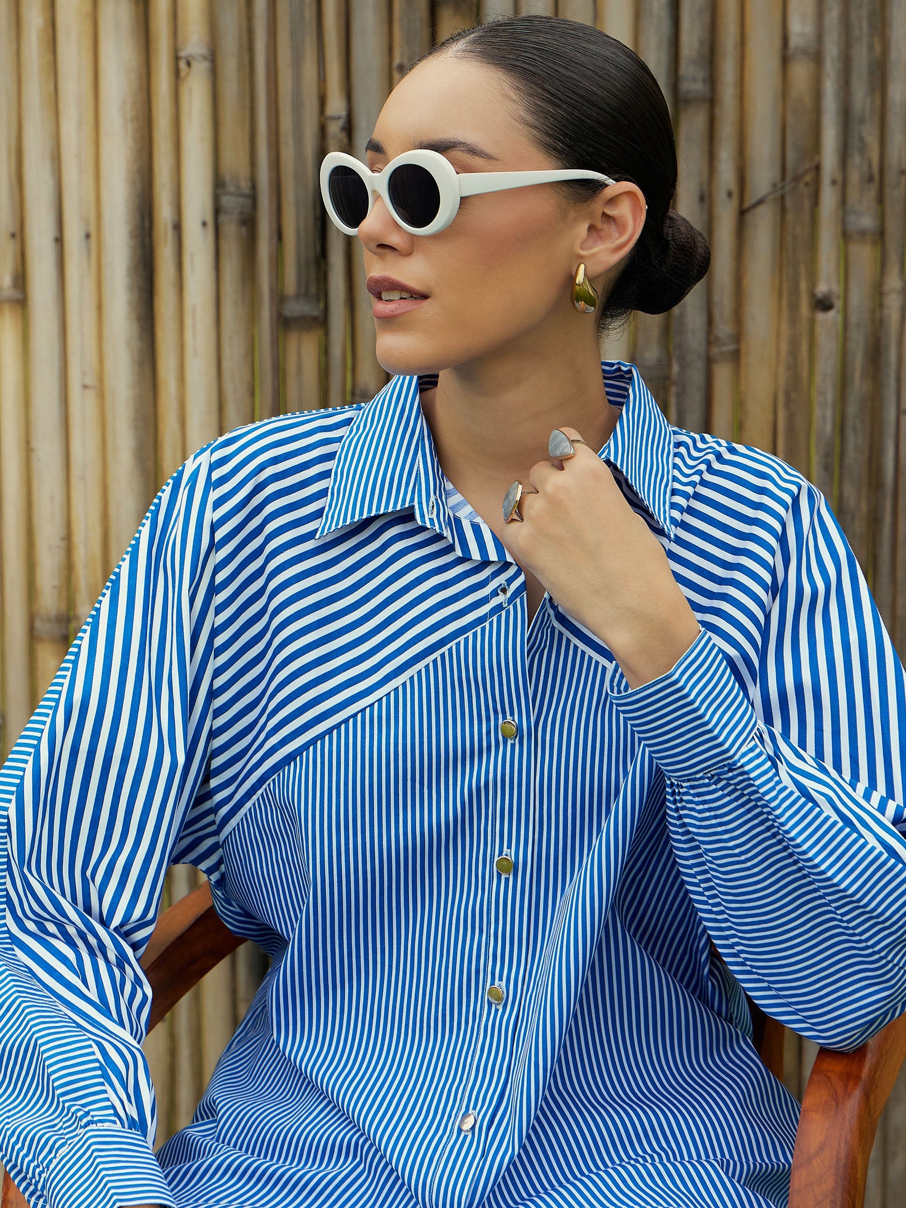 Blue & White Stripe Oversized Shirt-Pink Paprika By SASSAFRAS