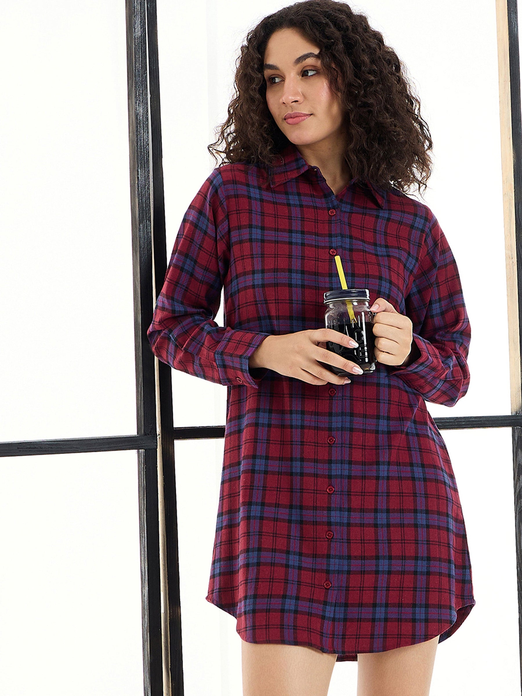 Maroon & Blue Check Lounge Longline Shirt-SASSAFRAS alt-laze