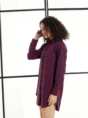 Maroon & Blue Check Lounge Longline Shirt-SASSAFRAS alt-laze