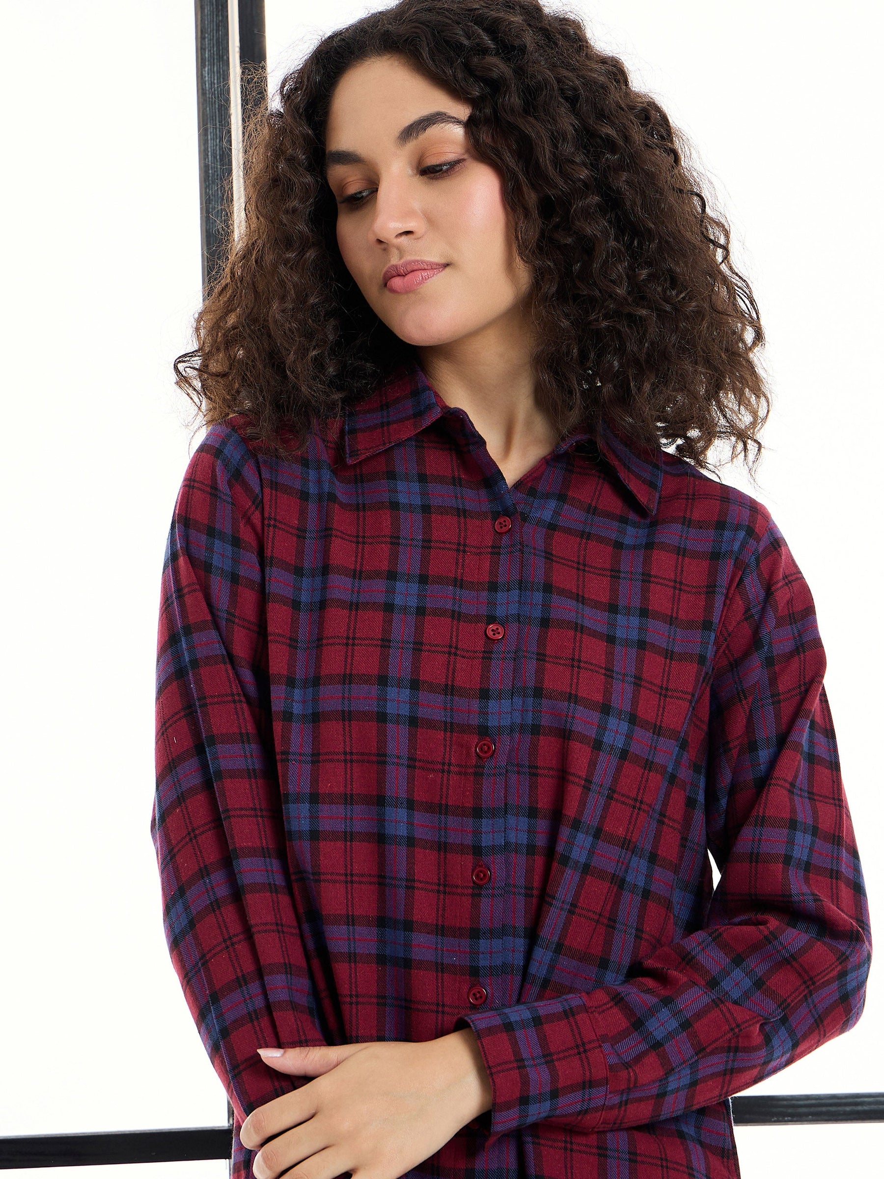 Maroon & Blue Check Lounge Longline Shirt-SASSAFRAS alt-laze