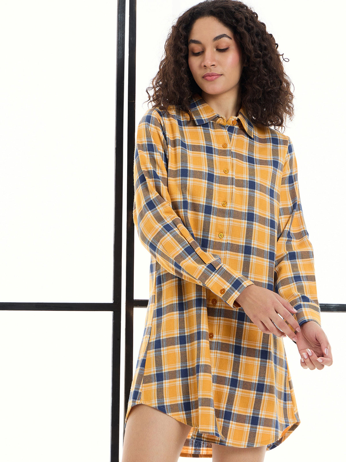 Yellow & Navy Check Lounge Longline Shirt-SASSAFRAS alt-laze