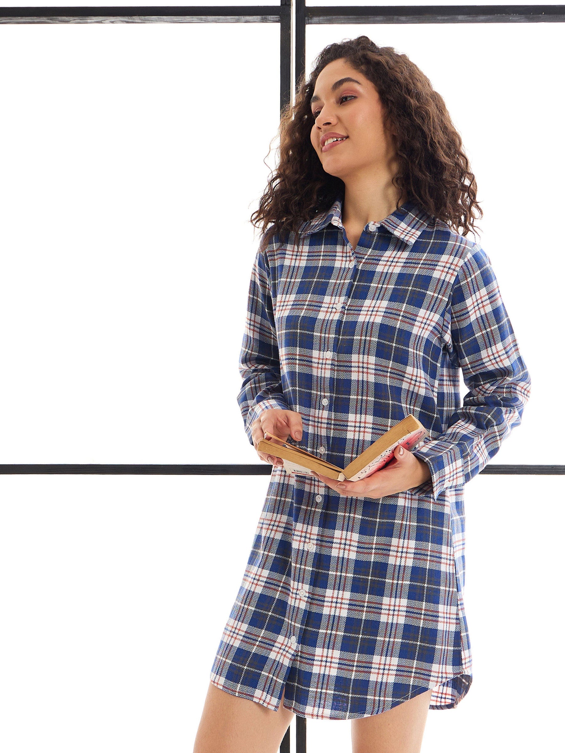 Navy & White Check Lounge Longline Shirt-SASSAFRAS alt-laze