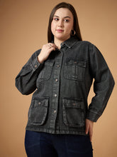 Black Acid Denim Wash Shacket -SASSAFRAS Curve