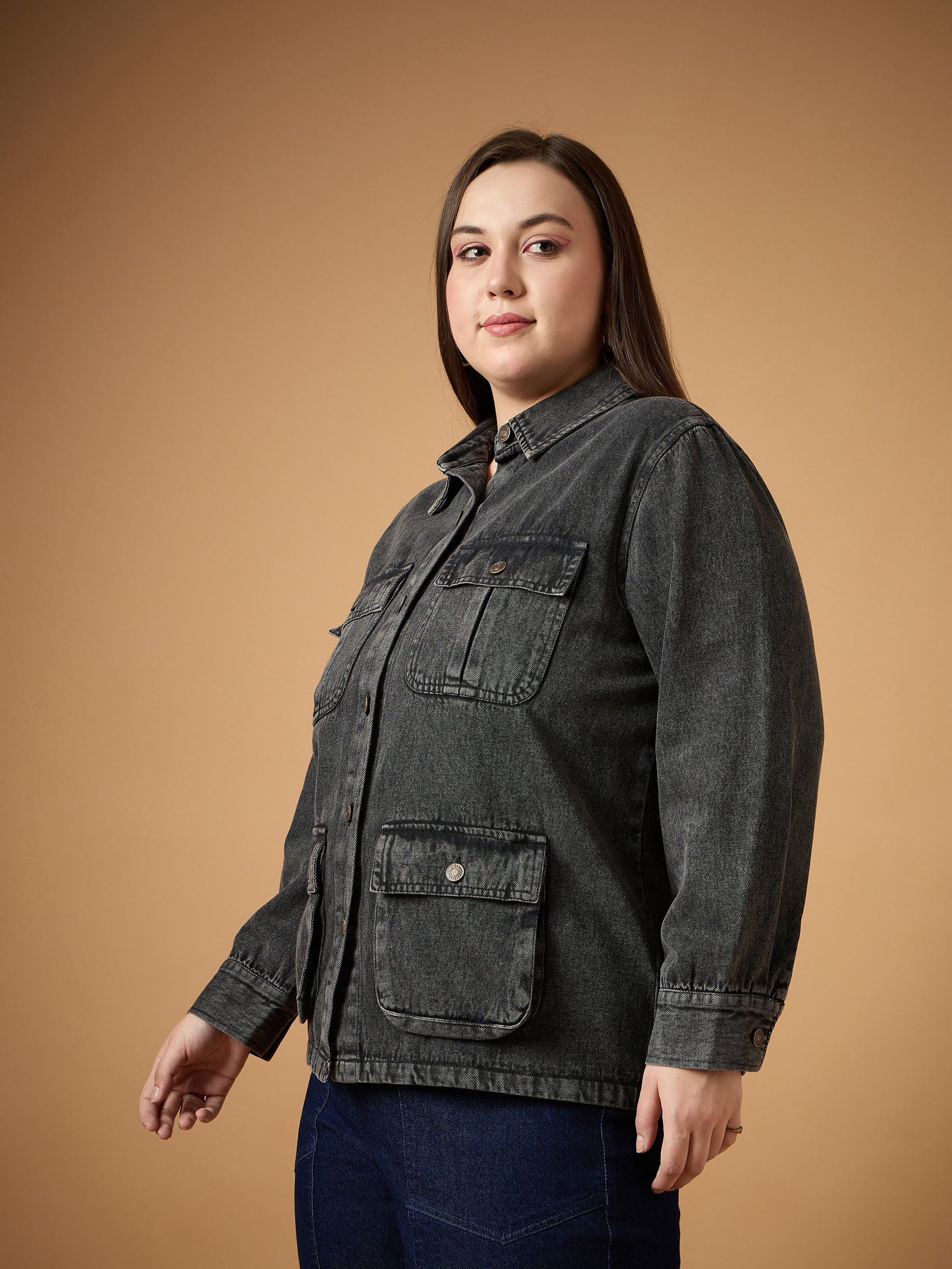 Black Acid Denim Wash Shacket -SASSAFRAS Curve