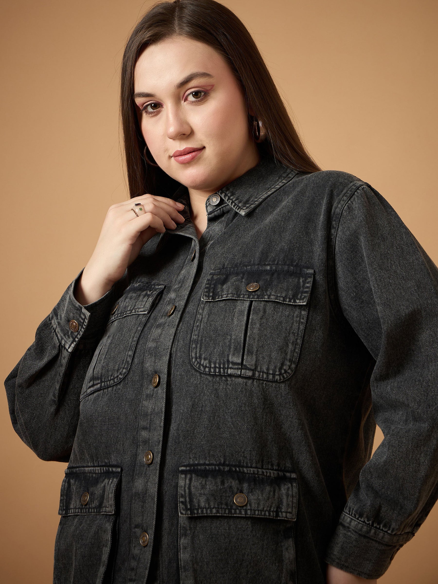 Black Acid Denim Wash Shacket -SASSAFRAS Curve