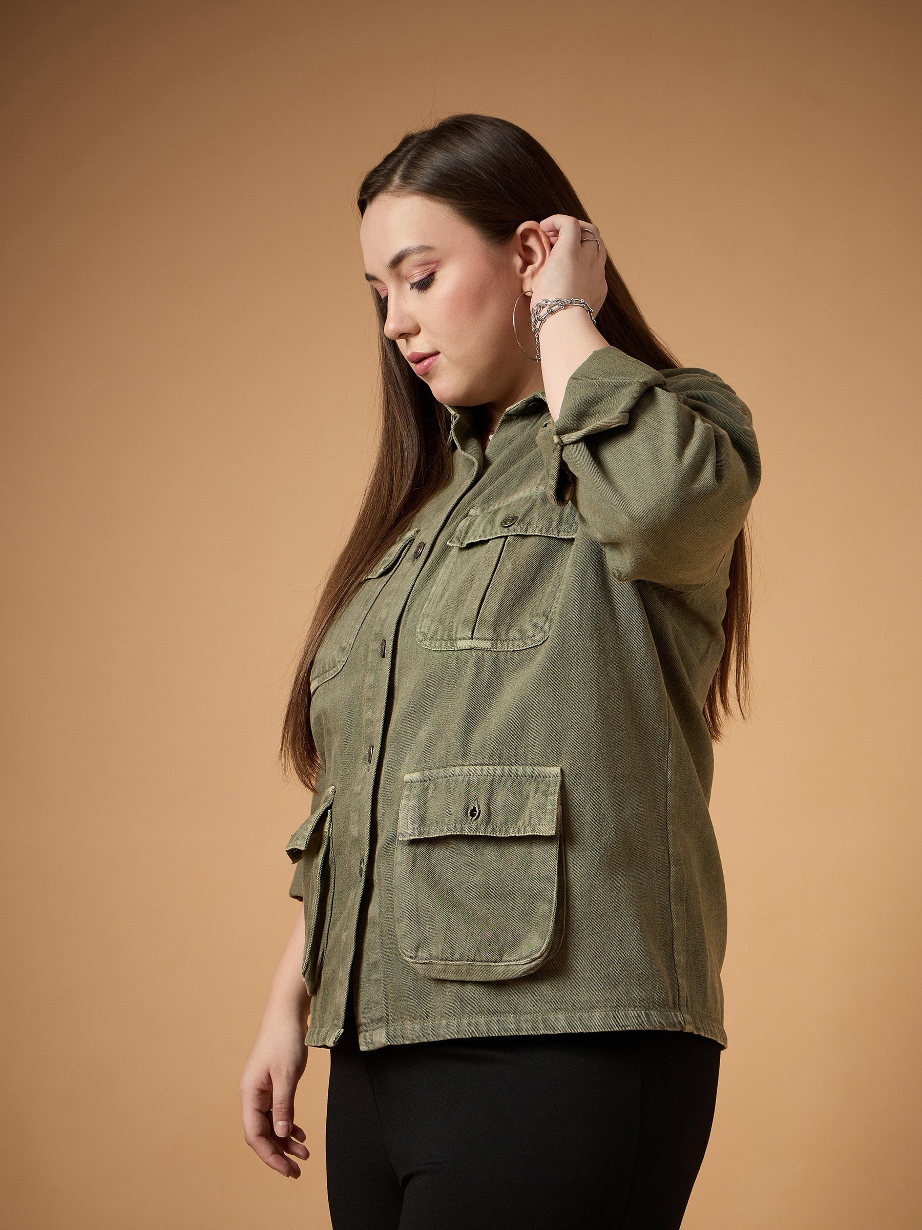 Olive Acid Denim Wash Shacket -SASSAFRAS Curve