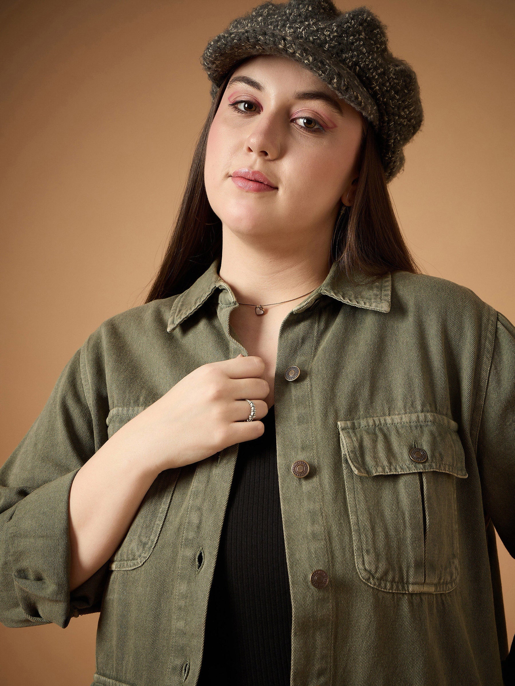 Olive Acid Denim Wash Shacket -SASSAFRAS Curve