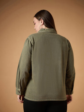 Olive Acid Denim Wash Shacket -SASSAFRAS Curve