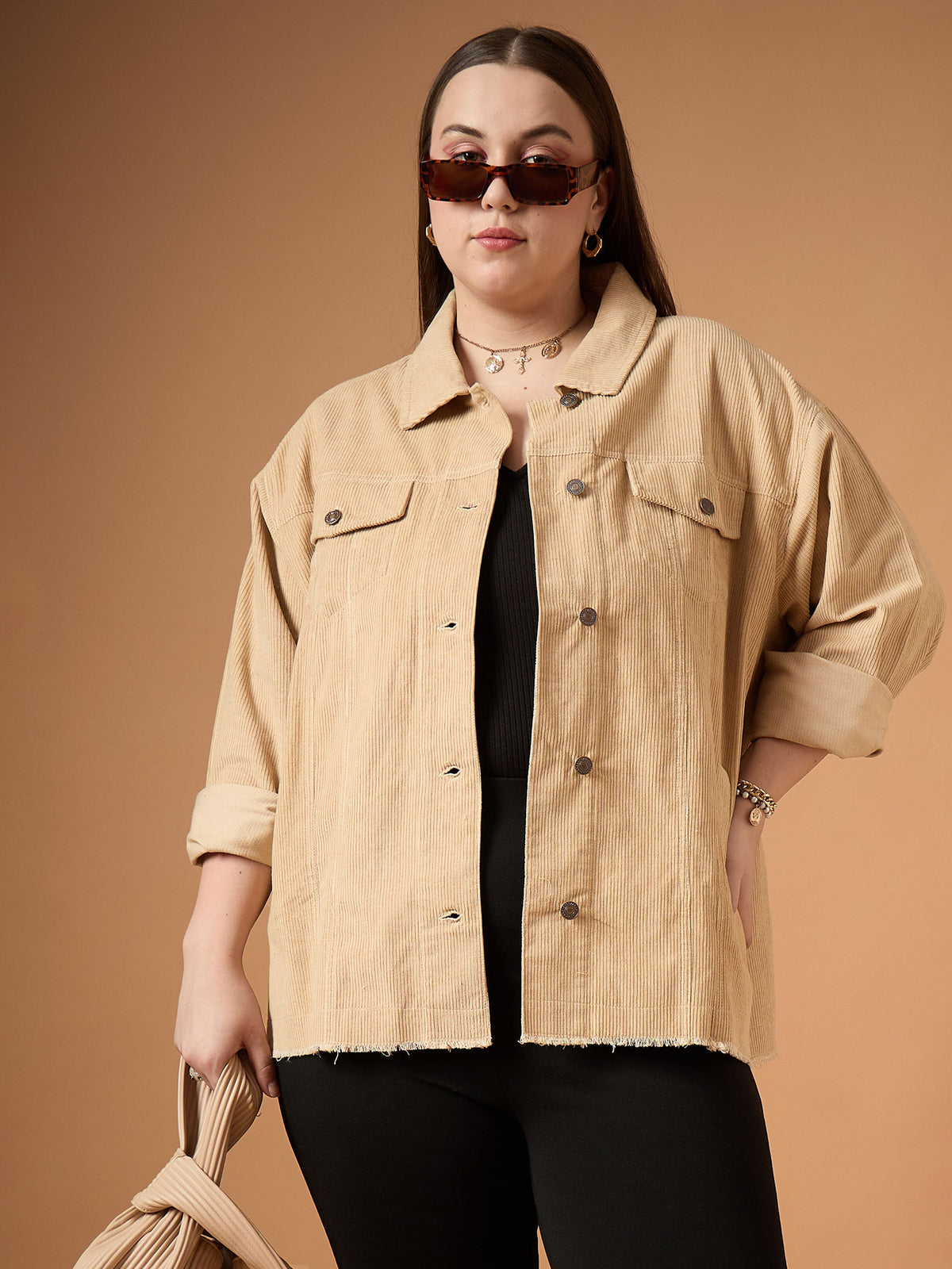 Beige Corduroy Front Button Shacket-SASSAFRAS Curve