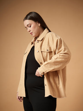 Beige Corduroy Front Button Shacket-SASSAFRAS Curve