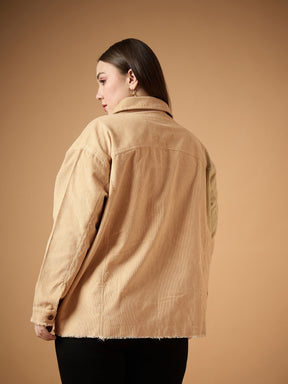 Beige Corduroy Front Button Shacket-SASSAFRAS Curve