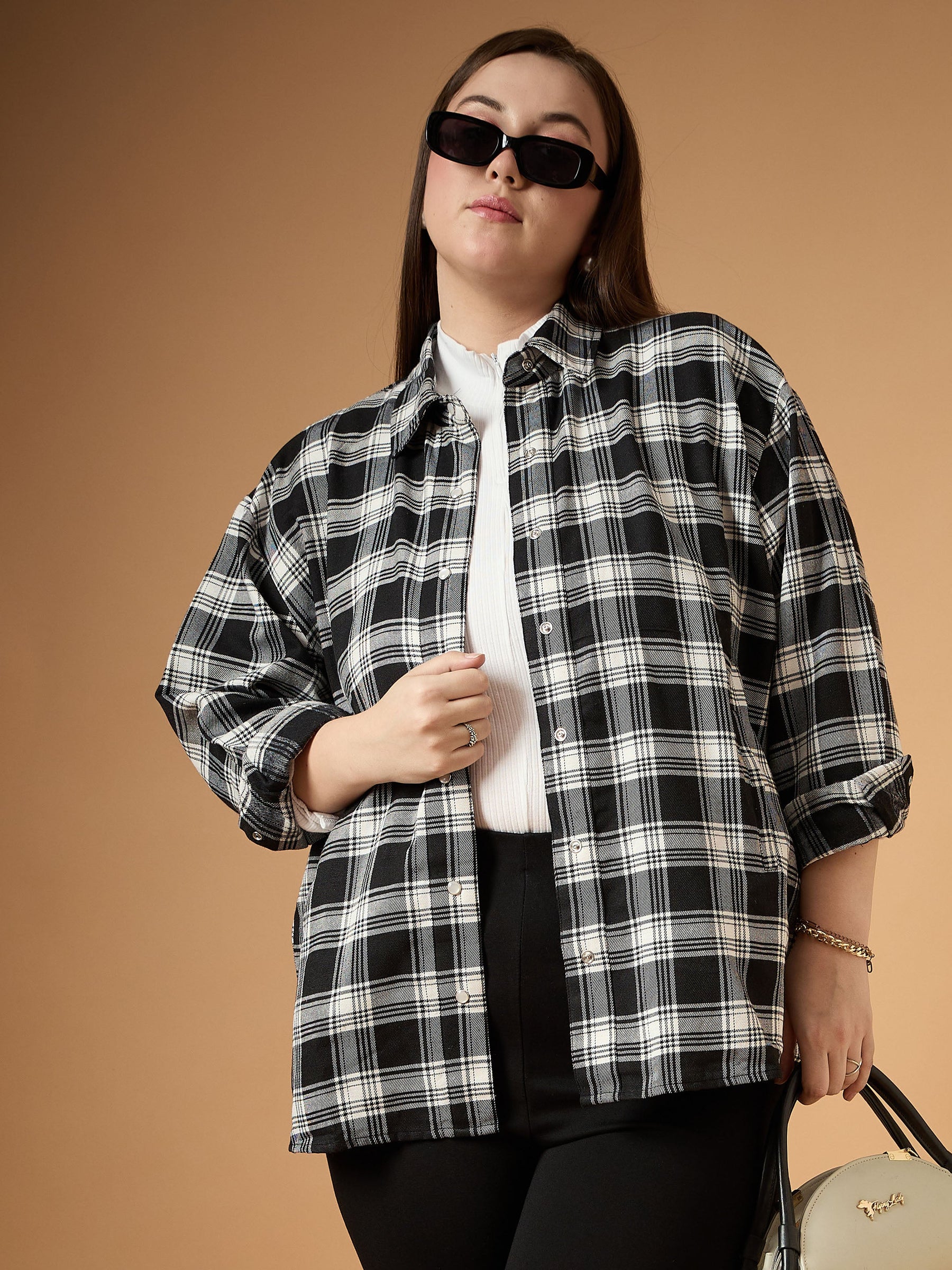 Black & White Flannel Check Front Button Shacket-SASSAFRAS Curve