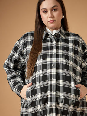 Black & White Flannel Check Front Button Shacket-SASSAFRAS Curve