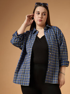 Blue & White Flannel Check Front Button Shacket-SASSAFRAS Curve