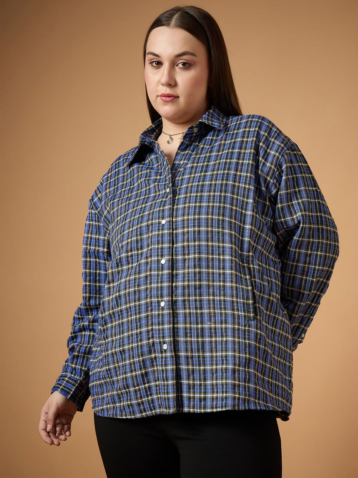 Blue & White Flannel Check Front Button Shacket-SASSAFRAS Curve