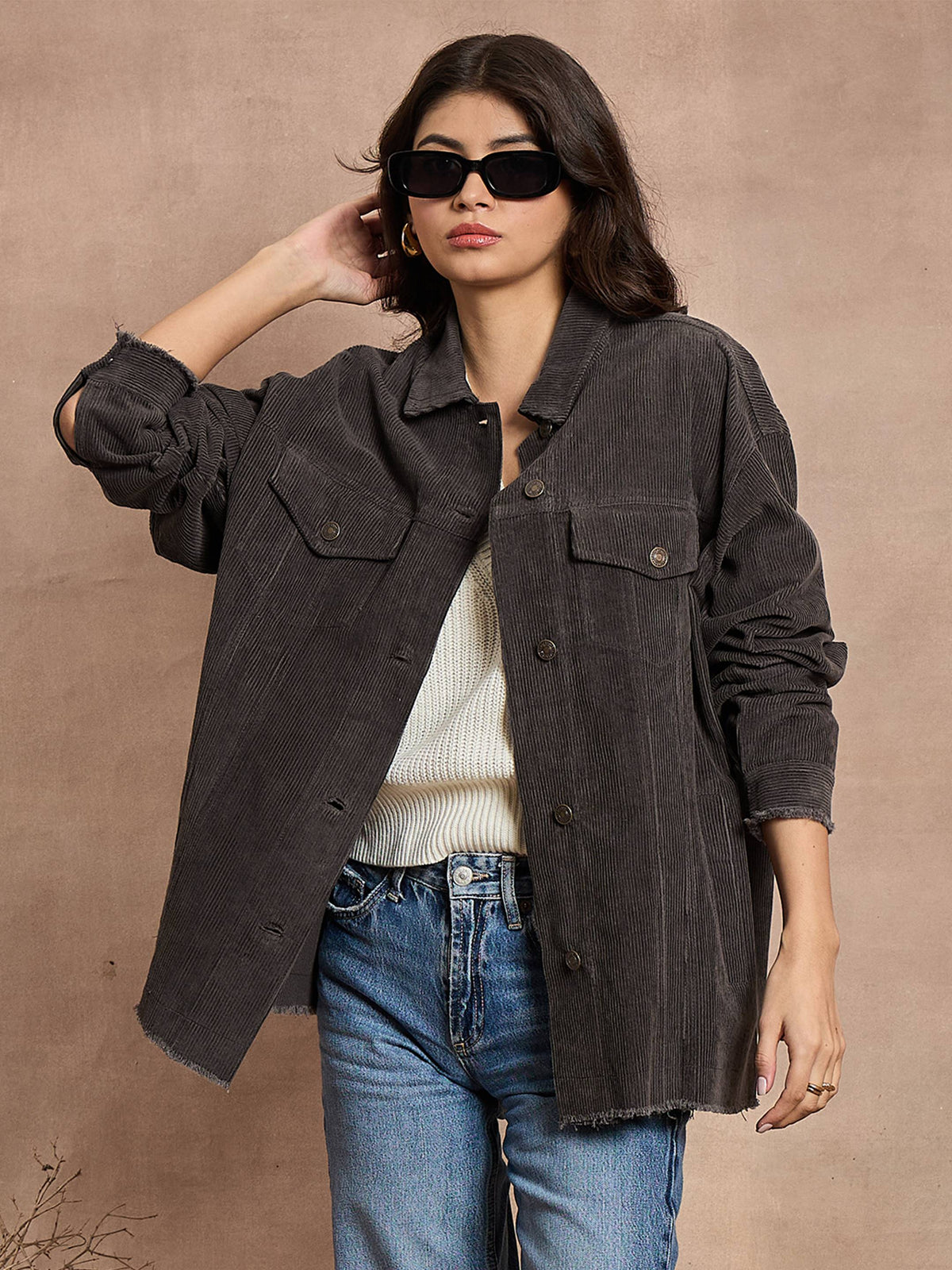 Dark Grey Corduroy Oversize Shacket-SASSAFRAS