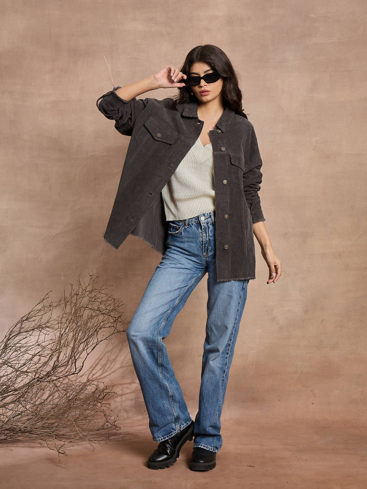 Dark Grey Corduroy Oversize Shacket-SASSAFRAS